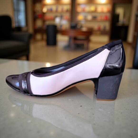 Anne Klein Sport Shoes - Anne Klein Cream and Black Guardian Leather Dress Block Pump - Size 8.5